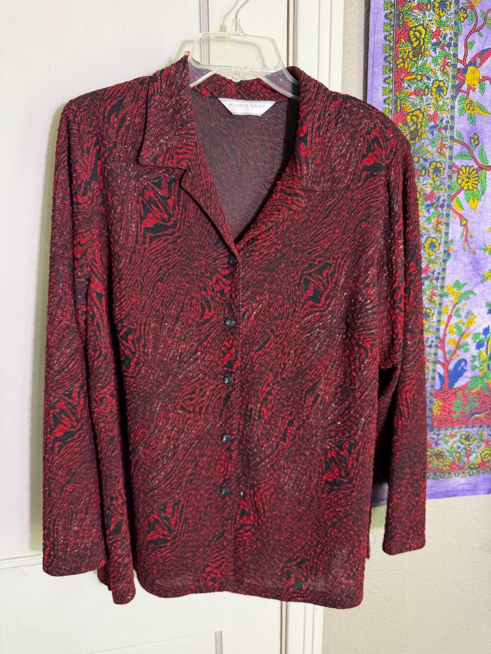 Allison Daley Red Black Zebra Print Button Down Blouse Womens Plus Size XL-2XL